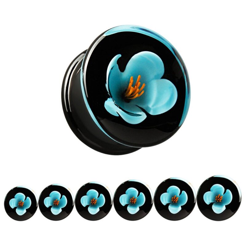 1 Pair Glass-Handmade Blue Flower Ear Plugs Tunnels Gauges Stretcher Piercings